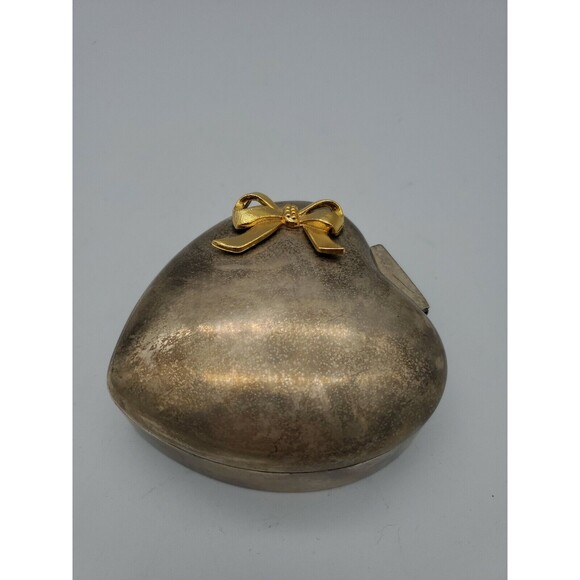 International Silver Co Plated Heart Shaped Jewelry Hinged Trinket Box with Bow - Picture 12 of 12